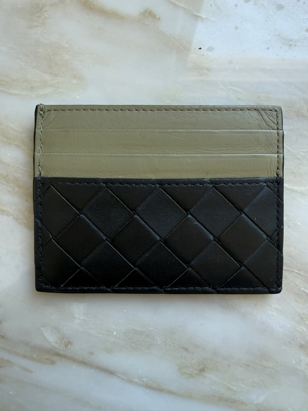 Bottega Veneta Two-Tone Woven Leather Card Holder - Black and Taupe